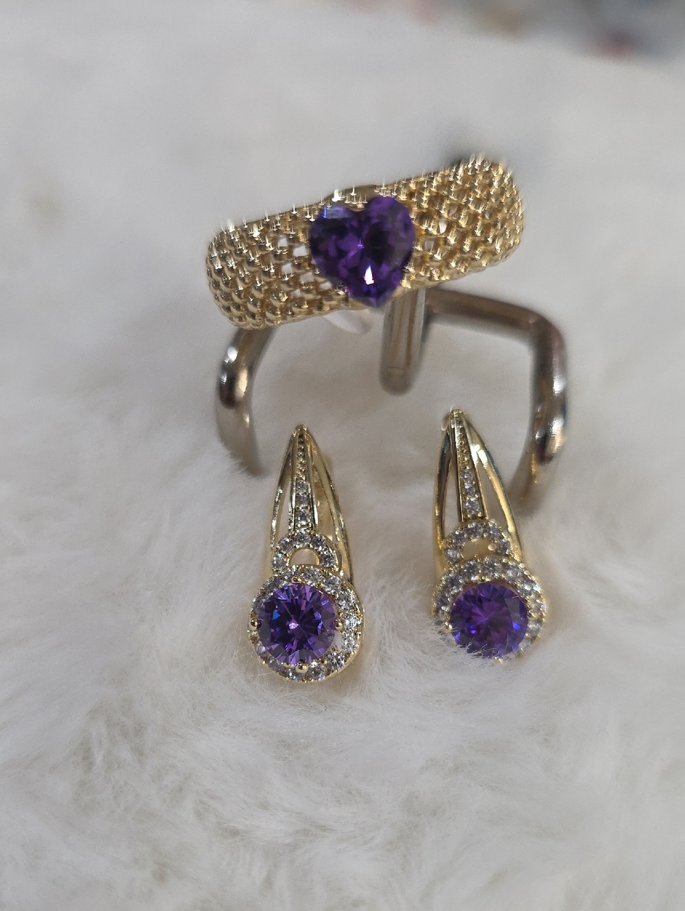 14k Gold Plated Ring and Earrings Set with Purple Gemstones
